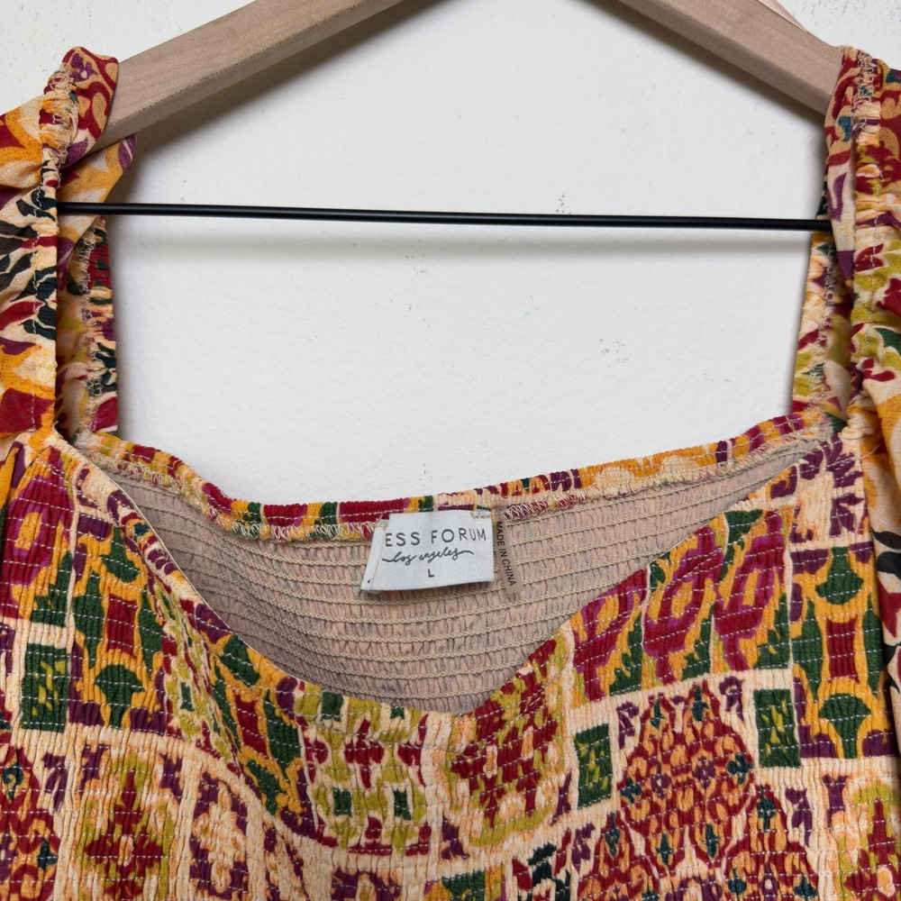 Aritzia Dress Forum Women Mini Dress Large Patchwork Boho Square Neck Puff Sleev - Picture 3 of 10